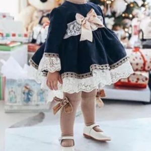 Girls Holiday Dress Tutu Style Lace Velvet - Navy- 4T